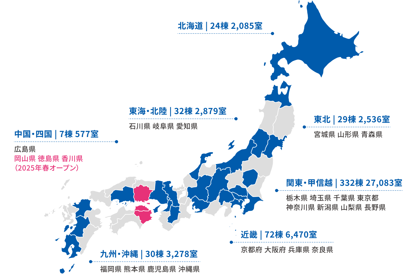 北海道|26棟 2,333室 東海・北陸|32棟 2,690室 東北|30棟 2,692室 関東・甲信越|334棟 27,385室 近畿|74棟 6,887室 中国・四国|10棟 999室 九州・沖縄|30棟 3,280室